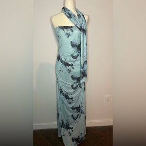 PEPPERMAYO Blue Strapless Floral Dress with Attached Neck Scarf and Ruched Side